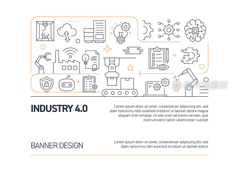 工业4.0相关矢量横幅设计概念，现代线条风格与图标