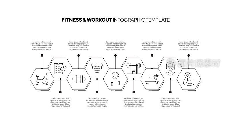 健身和锻炼概念矢量线信息图形设计图标。9选项或步骤的介绍，横幅，工作流布局，流程图等。