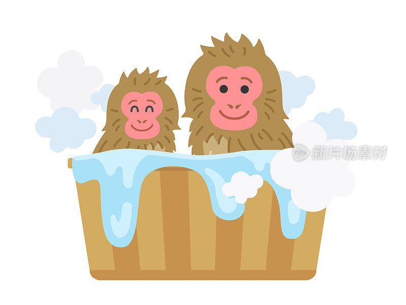日本猕猴父母和孩子进入温泉的插图。