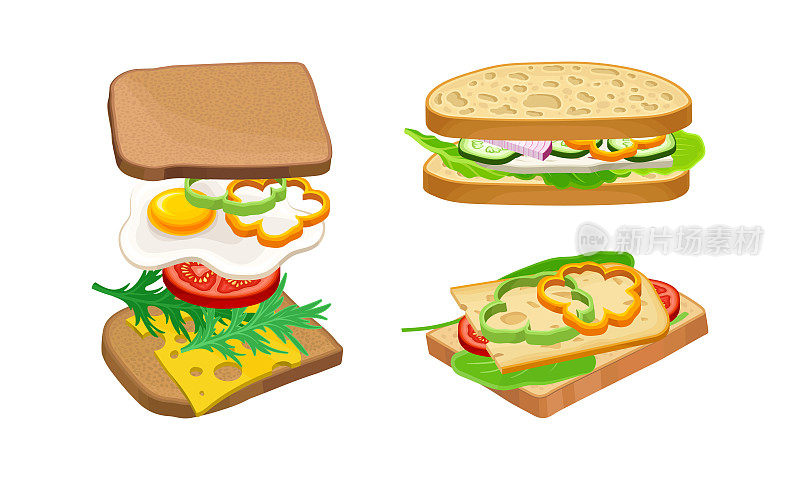 三明治。黑色和小麦面包鸡蛋，奶酪和蔬菜矢量插图