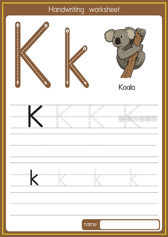 向量说明考拉与字母K大写字母或大写字母的儿童学习练习ABC