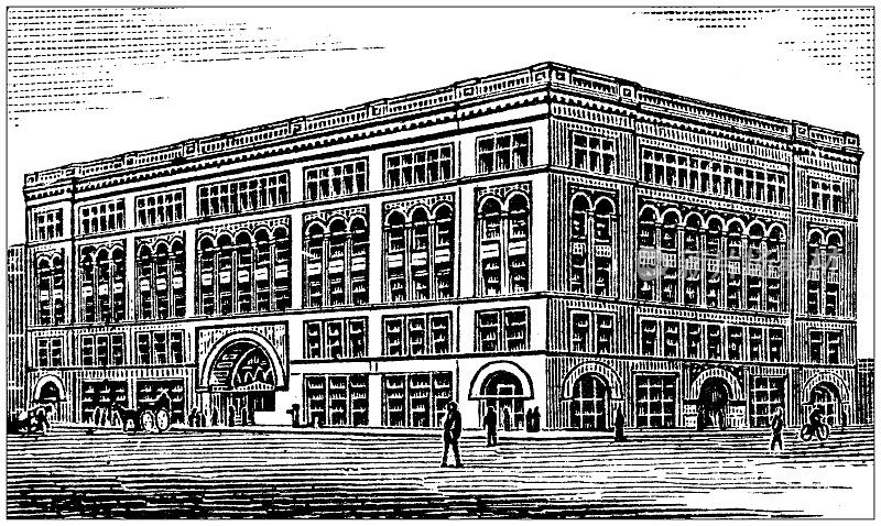 美国，马萨诸塞州地标和公司的古董插图:波士顿，青年的同伴建筑