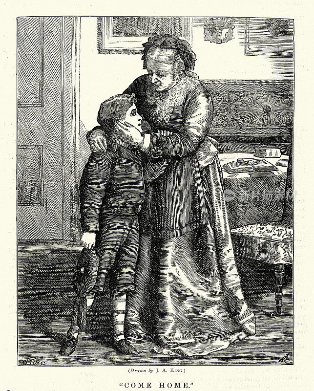 复古插画，男孩拜访祖母，维多利亚时代，19世纪70年代