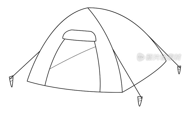 涂鸦野营帐篷。用于野餐、户外娱乐、旅行、徒步旅行的设备。轮廓黑色和白色矢量插图孤立在白色背景。