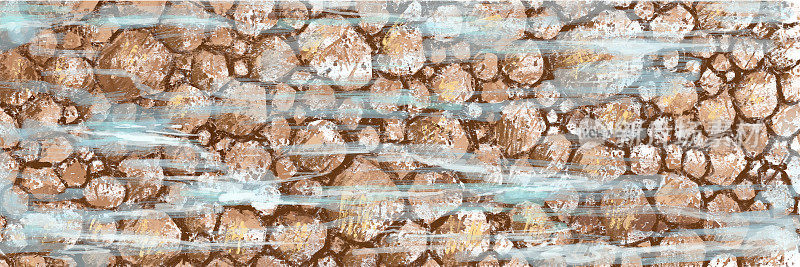 水下的岩石海滩，水下的石头，手绘插图为背景或设计，棕色的石头，岩石背景，岩石海滩