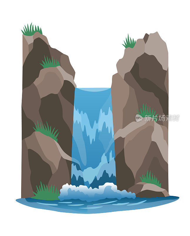 瀑布。卡通景观与岩石山。河流从白底的悬崖上倾泻而下。碧水如画的旅游胜地