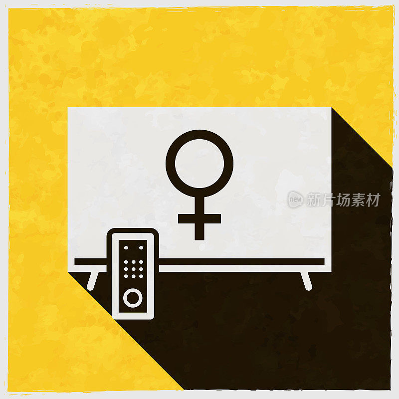 带有女性符号的电视。图标与长阴影的纹理黄色背景