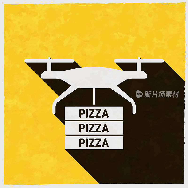 披萨外卖无人机。图标与长阴影的纹理黄色背景