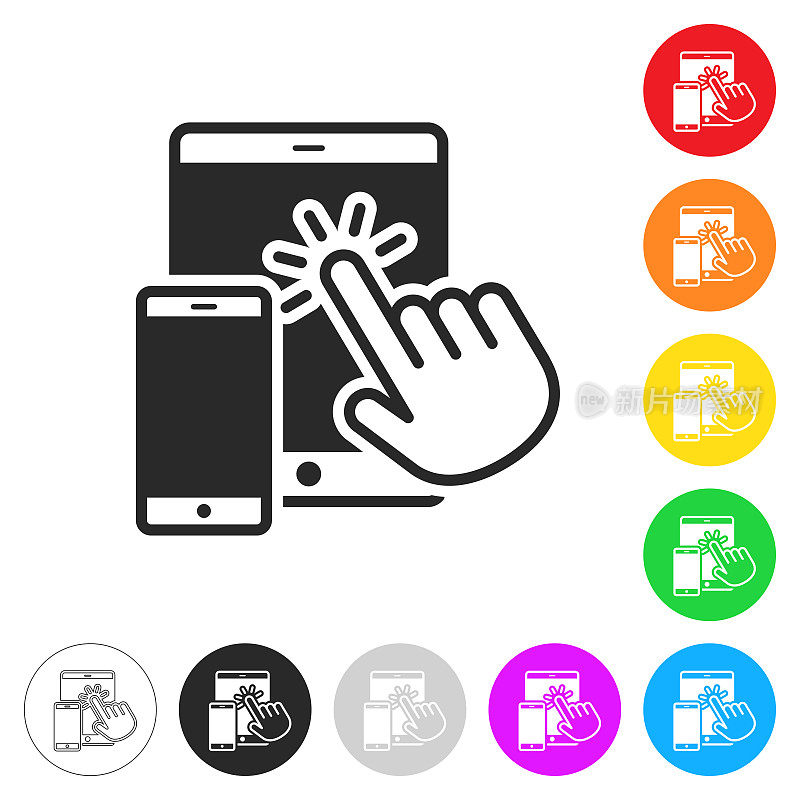 手触摸平板电脑和智能手机。彩色按钮上的图标
