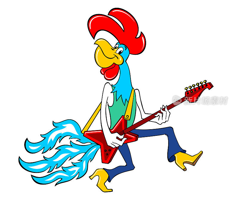 卡通小公鸡大胆地用电吉他演奏音乐。带着吉他的卡通公鸡。有趣的卡通公鸡音乐家和一个大的红色梳子。矢量彩色插图孤立在白色上。