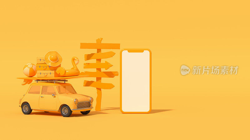 黑屏智能手机路标夏季度假旅游目的地与汽车在黄色背景