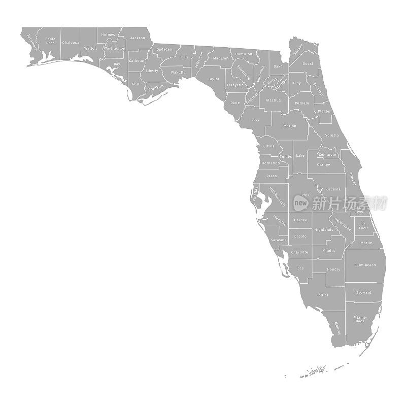 高度详细的灰色地图佛罗里达州，美国