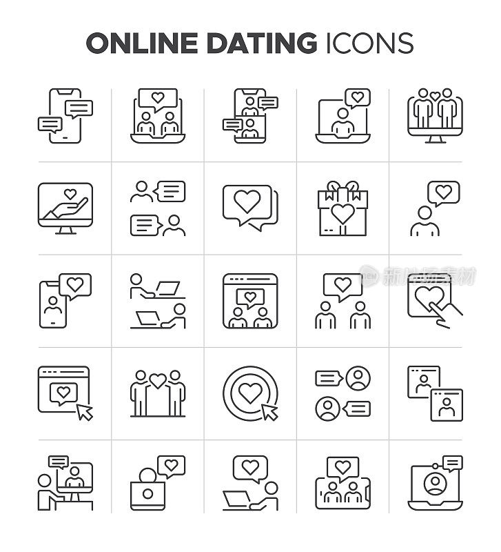 在线约会图标设置。爱与约会App符号。约会网站，交流，虚拟爱情和聊天相关的线图标
