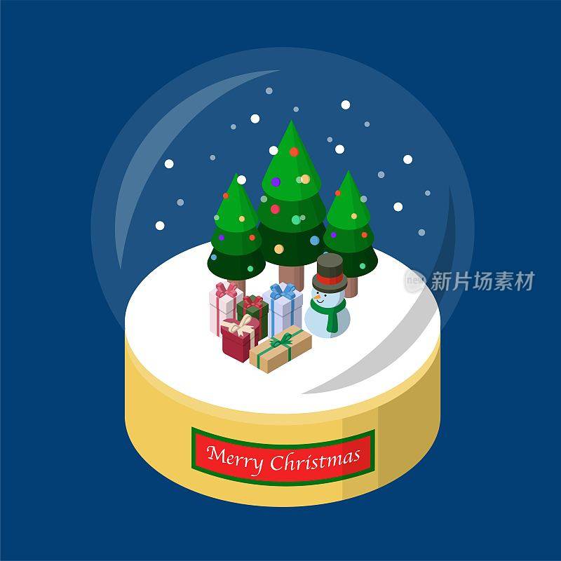 圣诞雪花球与圣诞树，礼物，和雪人