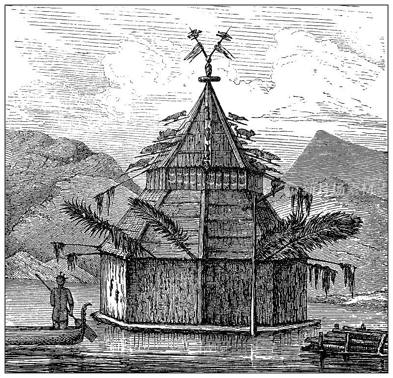 古董插图，民族志和土著文化:新几内亚，寺庙