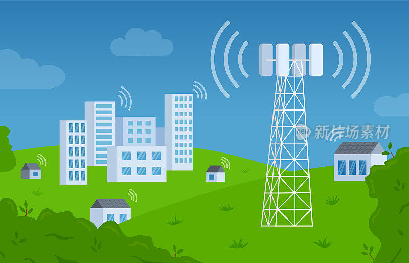 无线电通信塔。互联网和移动蜂窝电信天线。无线网络信号。通信和广播设备。城市景观。矢量图的概念