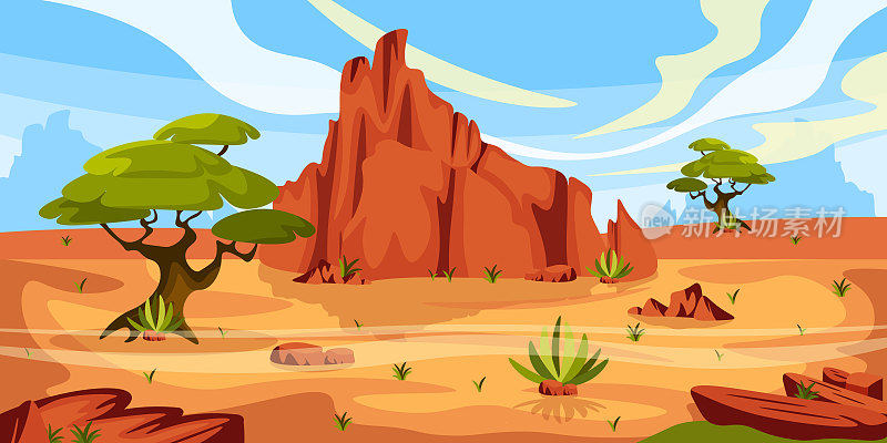 一个美丽的美国沙漠矢量插图。卡通沙漠景观，树木，灌木，山脉。