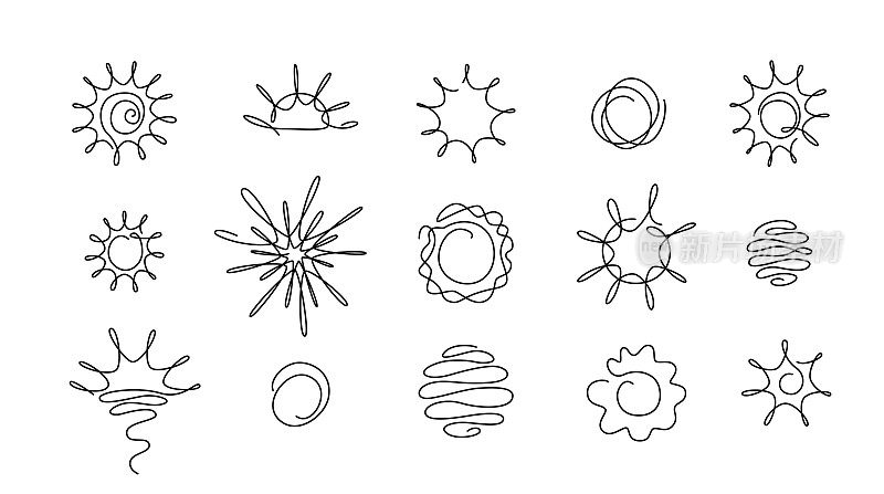 太阳连续线艺术向量集。一条线勾勒出夏日阳光的轮廓元素。简单简约风格的阳光图形插画。孤立在白色背景上