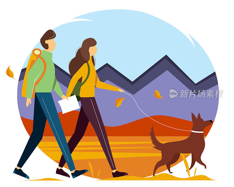 年轻的夫妇背着背包，带着地图和狗在山里走着。徒步旅行、户外娱乐和积极生活的概念插图。秋季插画的平面风格。