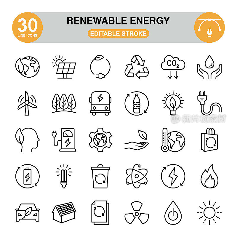 可再生能源图标集。可编辑的中风。像素完美。图标集包含了碳排放、循环利用、绿色能源、太阳能、电动汽车、人手、电池、水滴、水力发电、风力发电等图标。