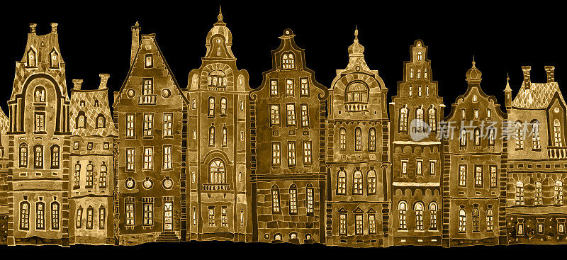 建筑无缝边界金色图案在黑色背景。用水彩画中世纪欧洲城镇街道的老房子