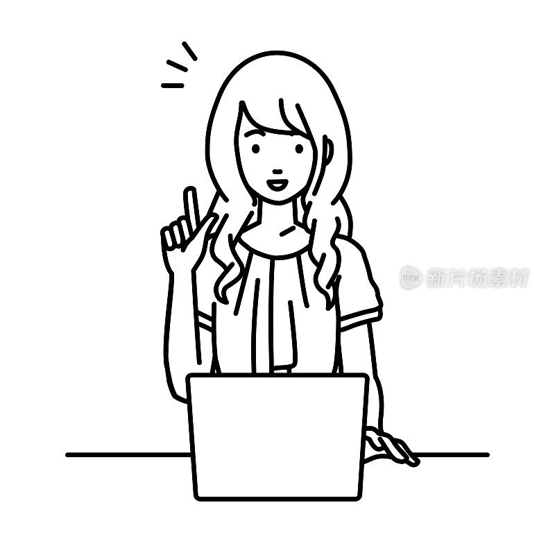 一名穿着休闲工作风格的妇女用笔记本电脑在她的办公桌前用手指着手指想办法