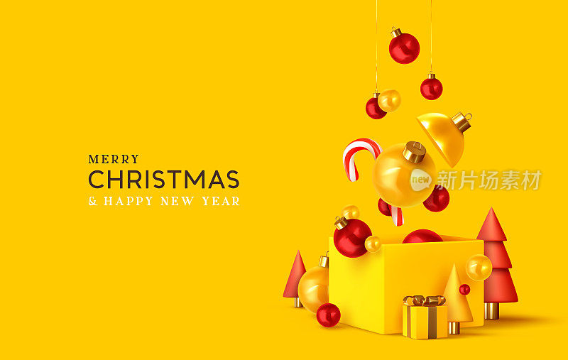 圣诞快乐，新年快乐。圣诞设计现实抽象的3d对象。礼品盒，明亮的彩球挂丝带，锥形松树，云杉，柔和的黄红色的颜色。矢量图