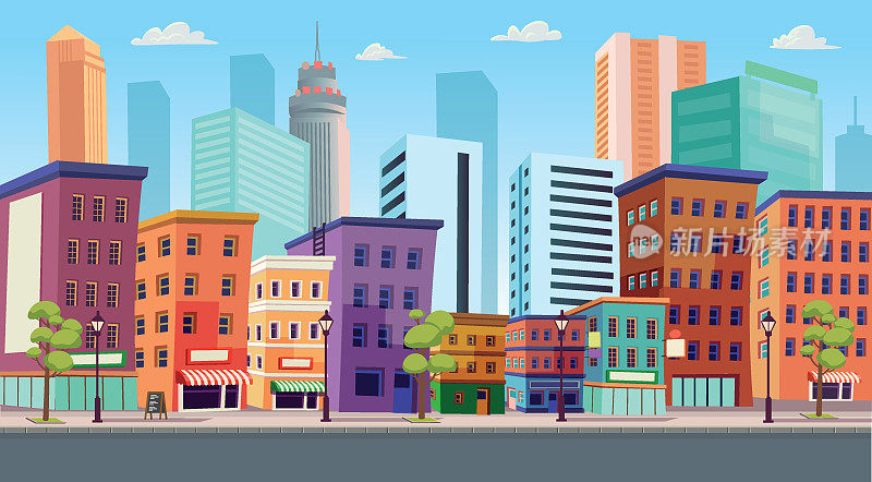 全景城市建筑房屋与商店和道路:精品店，咖啡馆。卡通风格的矢量插图。