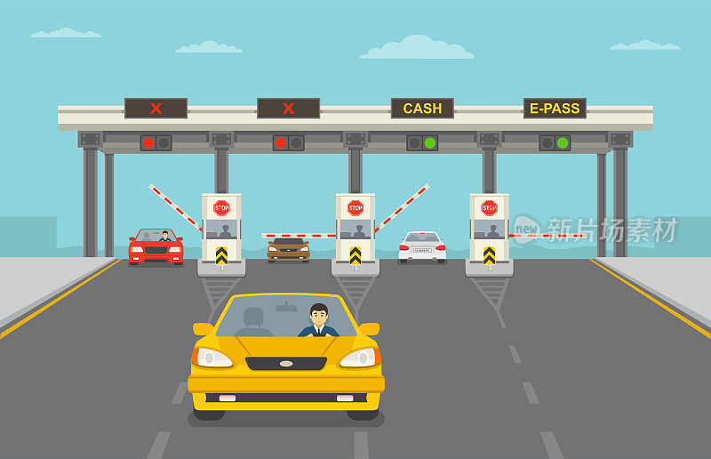汽车在高速公路上通过检查站缴纳过路费。
