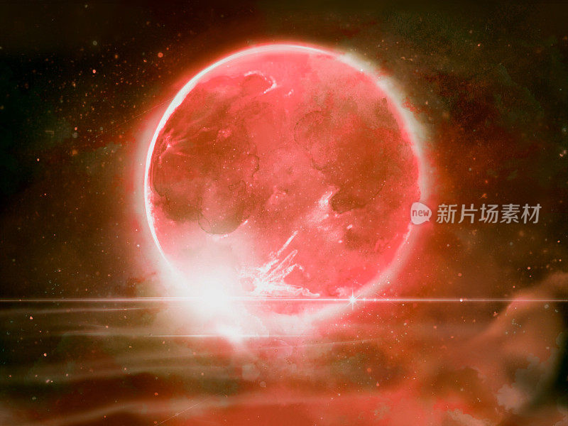 幻想背景插图的大红色令人毛骨悚然的满月设置在海浪