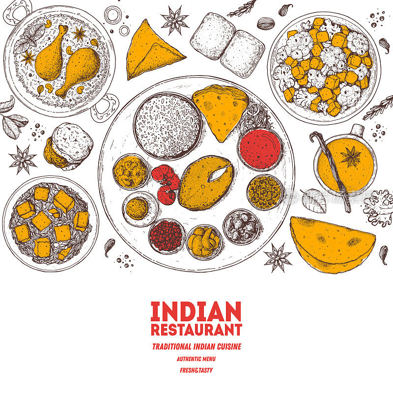 印度食品插图。手绘草图。印度菜。涂鸦的收藏。矢量插图。菜单背景。雕刻风格。菜套印度塔利，馕面包，帕拉克奶酪，瓦达帕夫。
