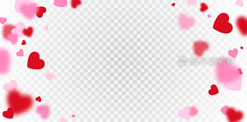红色和粉色的飞心被隔离在透明的背景上。矢量装饰为情人节横幅或框架设计。