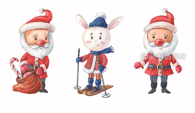 水彩画圣诞老人和小白兔。圣诞节和新年