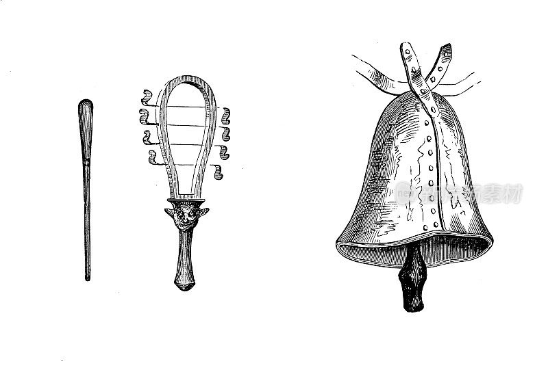 古埃及乐器:sistrum或kemkem和钟。它由一个带金属棒的金属框架组成，当摇晃时，金属棒就会发出嘎嘎的声音