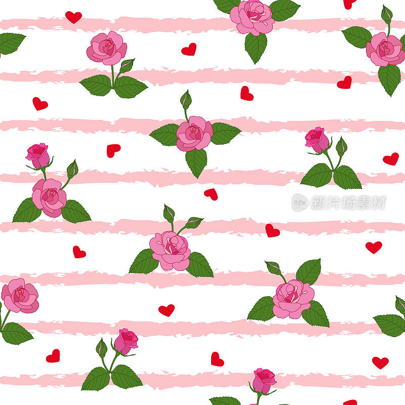 粉红玫瑰无缝图案。红红的爱情心背景。印花。玫瑰花园。