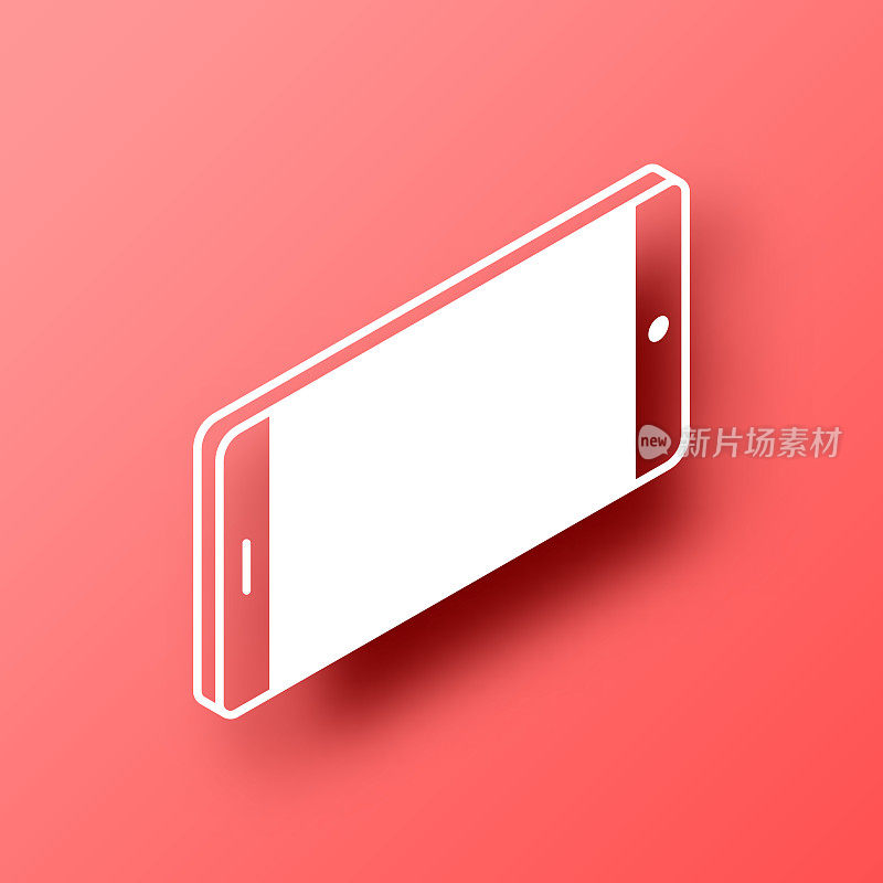 等距智能手机-水平位置。图标在红色背景与阴影