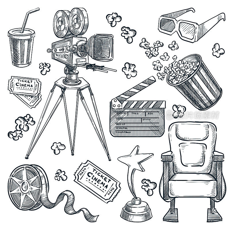 电影和电影院影院手绘矢量素描插图。影视制作涂鸦设计元素
