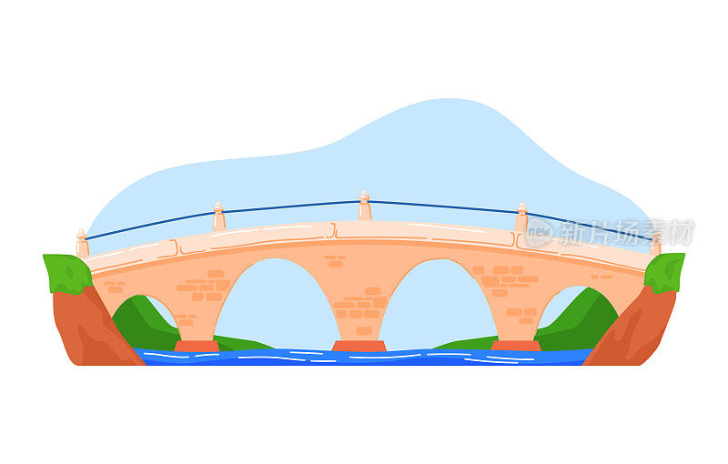 山中的桥，现代行人悬索桥上的深渊，卡通风格的矢量插画，孤立在白色。