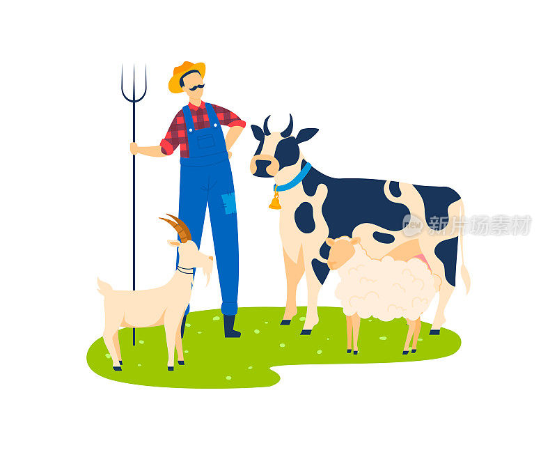 男子站在家畜牛，山羊在农场，矢量插图。卡通农场里的牛、男牧民在乡村大自然的旗帜。