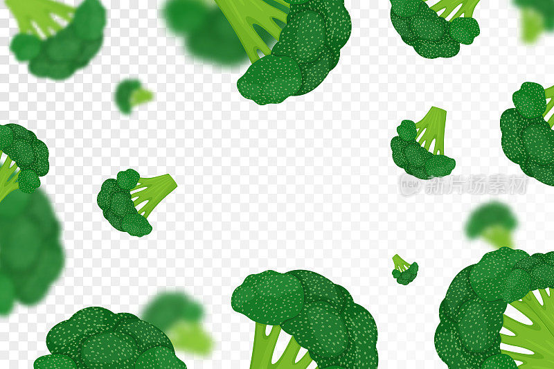 西兰花的背景。在透明的背景上飞行新鲜的西兰花卷心菜。平面设计。掉落的西兰花，孤立的蔬菜。自然的产品。矢量图