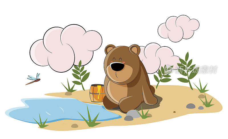一只可爱的熊坐在湖边，吃着桶里的蜂蜜