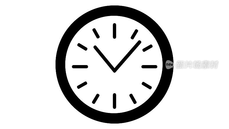 时钟图标。简单的扁平时钟风格。墙壁时钟圆形表盘，黑色模拟时钟与箭头和缺口