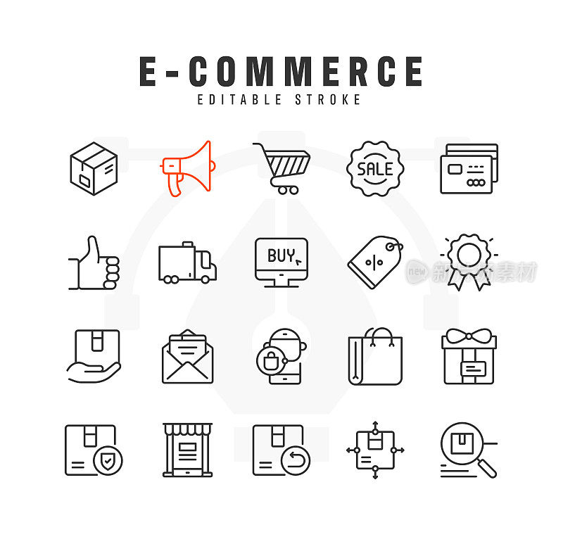 电子商务线路图标集。可编辑的中风。像素完美。