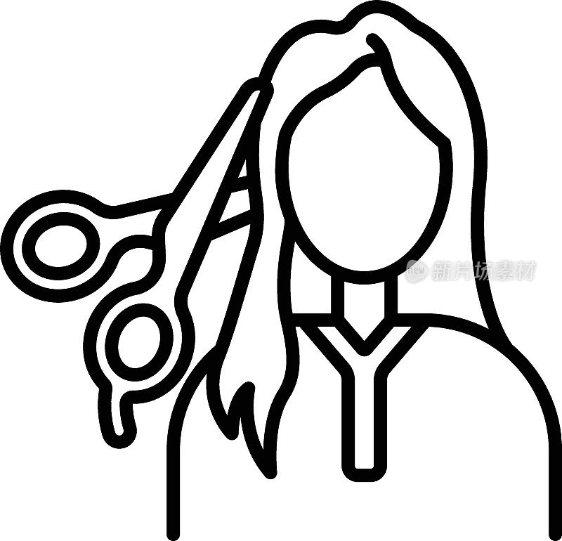 美发师概念，女孩用头发稀疏的剪刀在前面的脸矢量线图标设计，美容和个人护理符号，美容皮肤科标志，身体美学股票插图