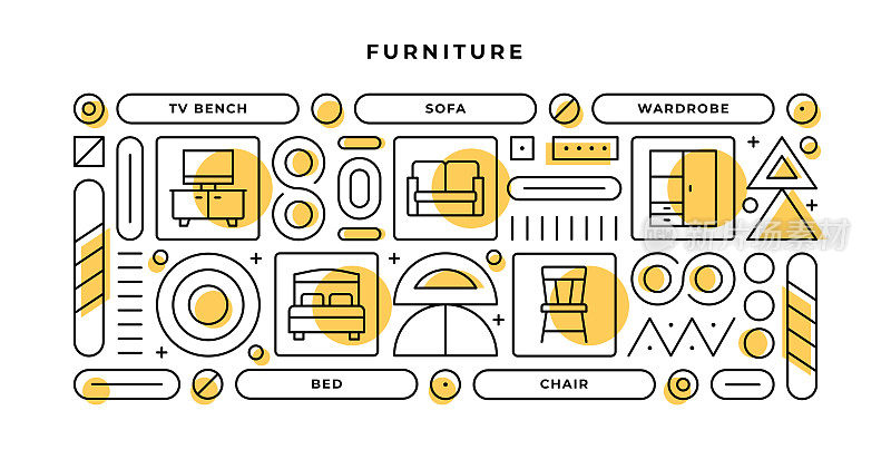家具信息图表概念与几何形状和电视板凳，沙发，衣柜，床线图标