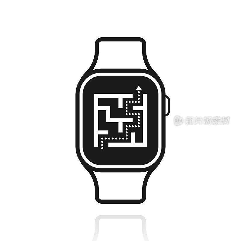 带迷宫的智能手表。白色背景上反射的图标