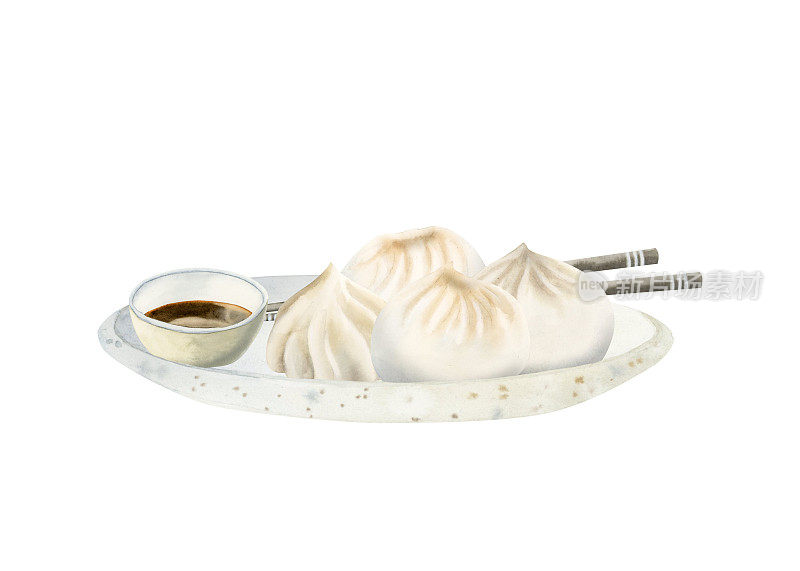 中式饺子，点心，日式烧饼，筷子放在盘子上，侧视图。亚洲食物水彩画