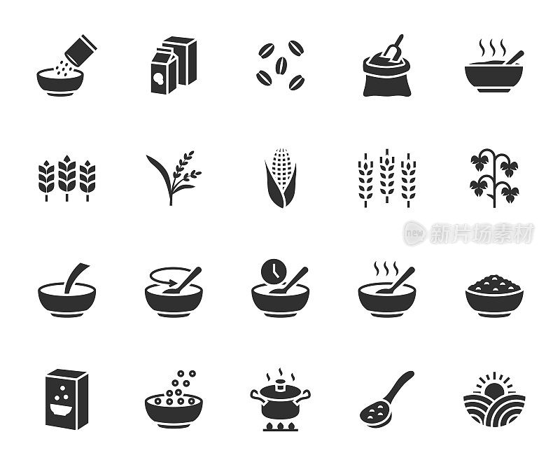 矢量集谷物平面图标。含有图标粥，谷物片，燕麦片，小麦，荞麦，玉米，大麦，大米，面粉和更多。像素完美。