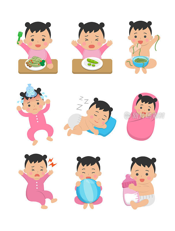 9种宝宝的日常生活方式设置，吃面挑食生病发烧吵闹睡觉包裹，矢量插图人物
