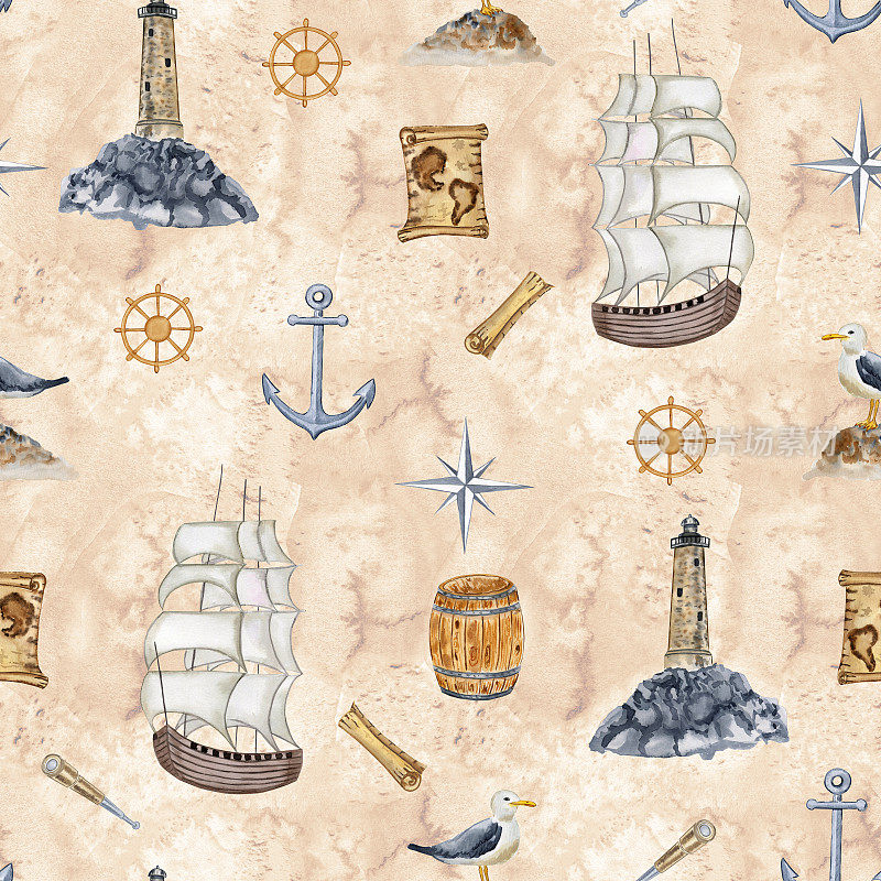 古老的灯塔和古老的帆船无尽的水彩图案。无尽的背景壁纸和织物在米色和灰色舒缓的颜色。男孩旅行设计。